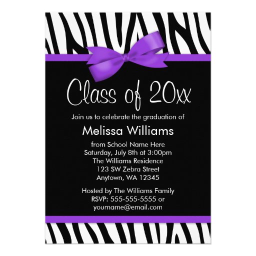 Zebra Purple Printed Bow Graduation Party Custom Invitations (front side)