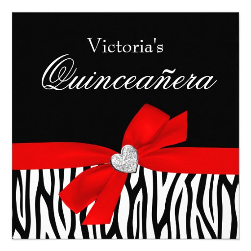 Zebra Red Bow Diamond Quinceanera Invitations (front side)