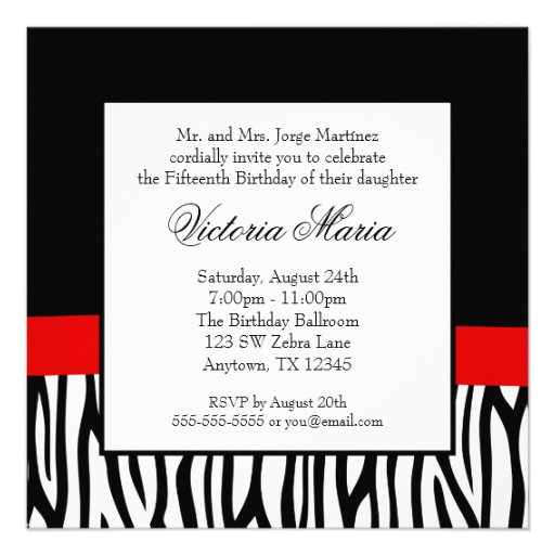 Zebra Red Bow Diamond Quinceanera Invitations
