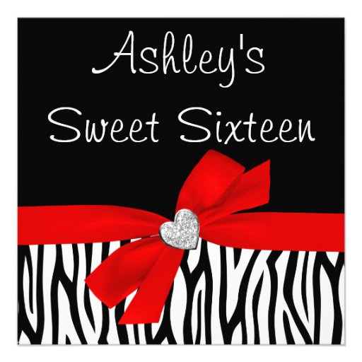 Zebra Red Bow Diamond Sweet 16 Invitations