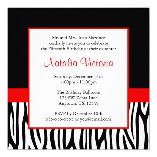 Zebra Red Photo Quinceanera Invitations
