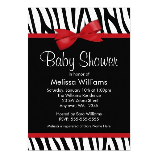 Zebra Red Printed Bow Baby Shower Custom Invite