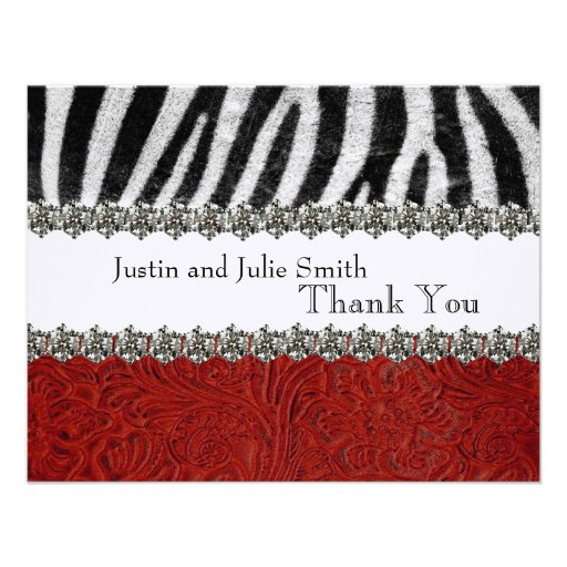 Zebra Rhinestone Red Leather Thank You Notes Custom Invitation