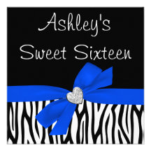 Zebra Royal Blue Bow Diamond Sweet 16 Invitations
