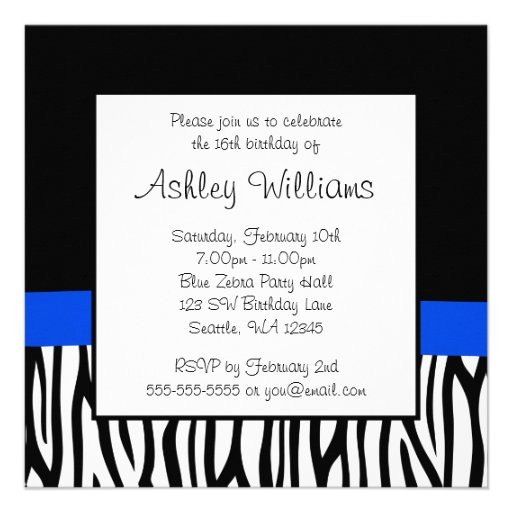 Zebra Royal Blue Bow Diamond Sweet 16 Invitations