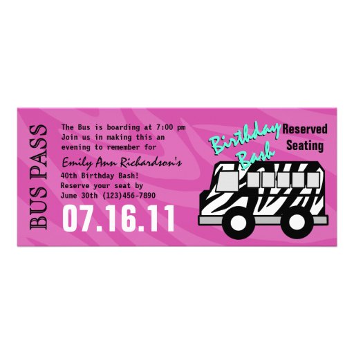 Zebra Stripe Bus Pass Birthday Party Custom Announcements (front side)
