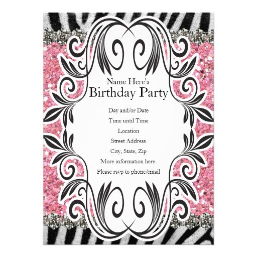 Zebra Stripe Pink Glitter Girl Birthday Invitation