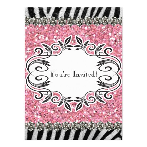 Zebra Stripe Pink Glitter Girl Birthday Invitation