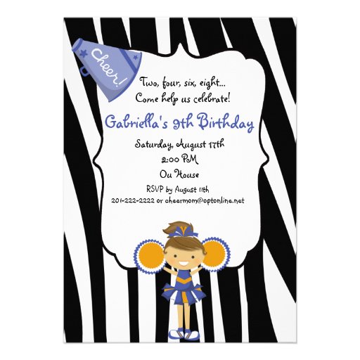 Zebra Striped Blue Cheerleader Birthday Invite