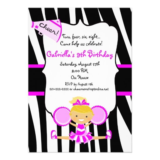 Zebra Striped Hot Pink Cheerleader Birthday Invite