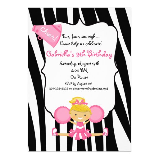 Zebra Striped Pink Cheerleader Birthday Invite