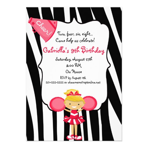 Zebra Striped Red Cheerleader Birthday Invite