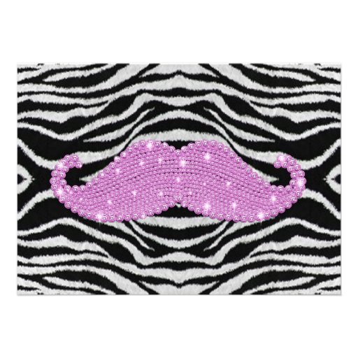 Zebra Stripes And Pink Bling Mustache Custom Invite