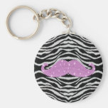 Zebra Stripes And Pink Bling Mustache Keychains