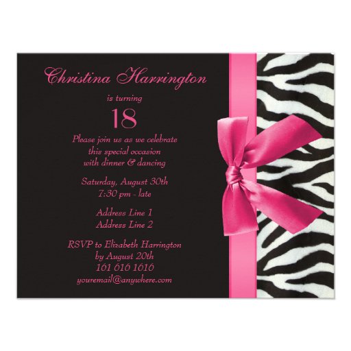 Zebra Stripes & Hot Pink Printed Bow 18th Birthday Announcement