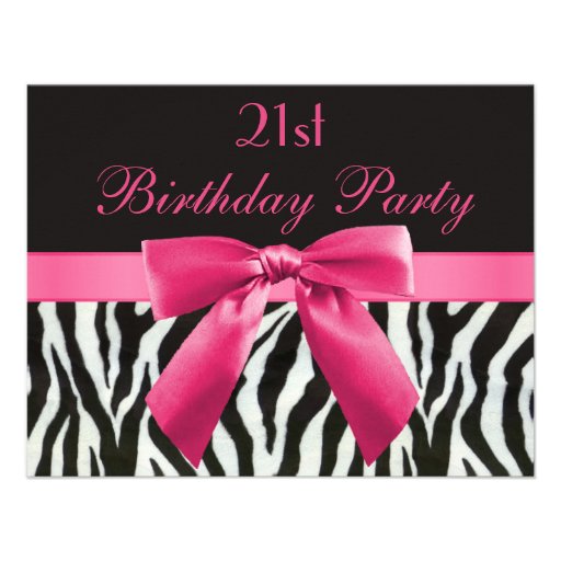 Zebra Stripes & Hot Pink Printed Bow 21st Birthday Invite
