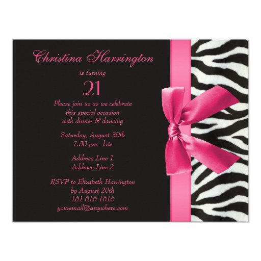 Zebra Stripes & Hot Pink Printed Bow 21st Birthday Invite