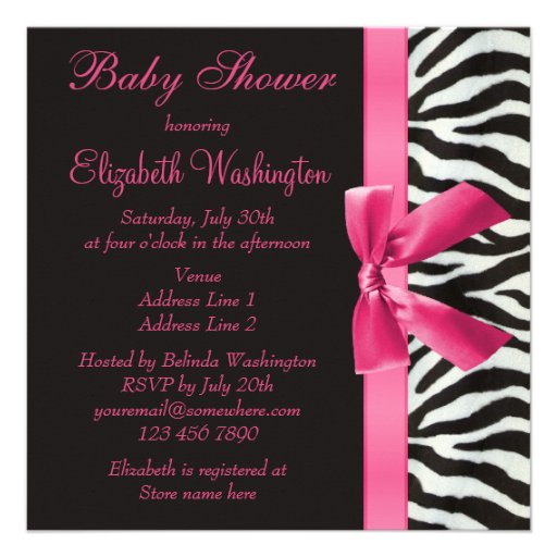 Zebra Stripes & Pink Printed Bow Baby Shower Invitations