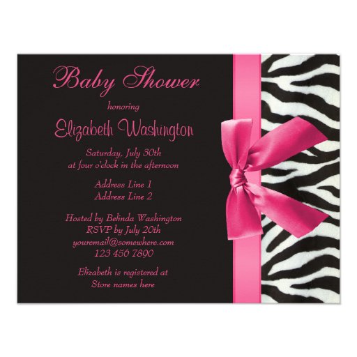 Zebra Stripes & Pink Printed Bow Baby Shower Invites