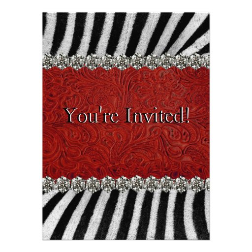 Zebra Stripes Red Leather Rhinestones (faux) Party Announcement