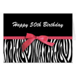 Zebra stripes red ribbon-look happy 50th birthday cards