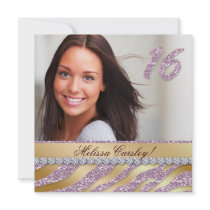 Zebra Sweet 16 Party Invite Pink Gold Jewelry