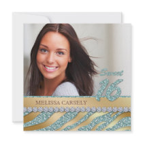 Zebra Sweet 16 Party Invite Teal Gold Jewelry