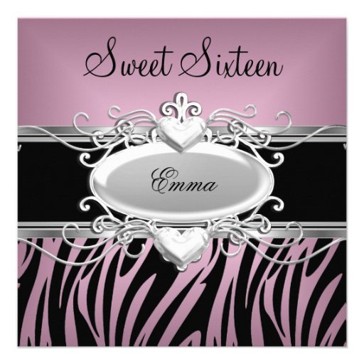 Zebra Sweet Sixteen 16 Party Silver Pink Black Invites
