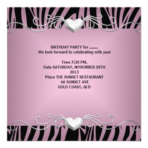 Zebra Sweet Sixteen 16 Party Silver Pink Black Invites