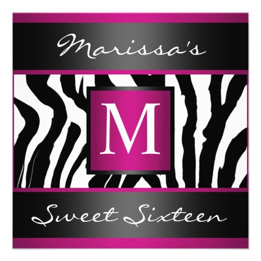 Zebra Sweet Sixteen Monogram Personalized Invites