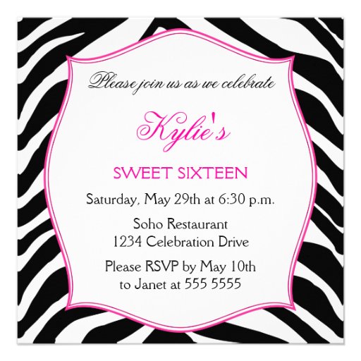 Zebra Sweet Sixteen Pink Lace Bling Invitations