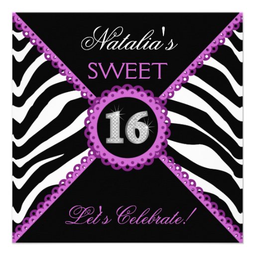 Zebra Sweet Sixteen Purple Lace Bling Invitations (front side)