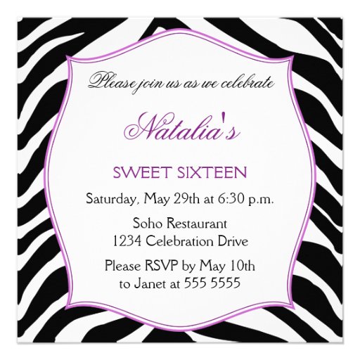 Zebra Sweet Sixteen Purple Lace Bling Invitations
