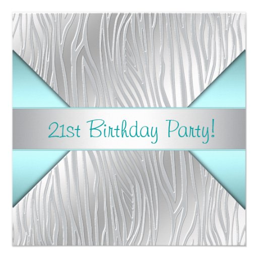Zebra Teal Blue 21st Birthday Party Invites