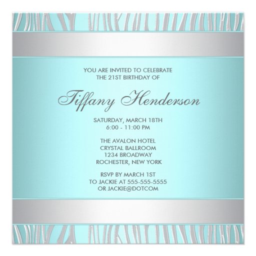 Zebra Teal Blue 21st Birthday Party Invites