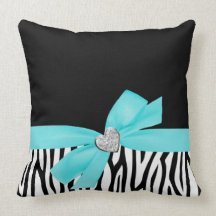 Zebra Teal Blue Bow Diamond Heart Pillow