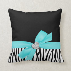 Zebra Teal Blue Bow Diamond Heart Pillow