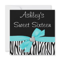 Zebra Teal Blue Bow Diamond Sweet 16 Invitations