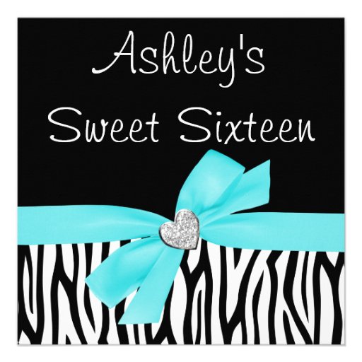 Zebra Teal Blue Bow Diamond Sweet 16 Invitations