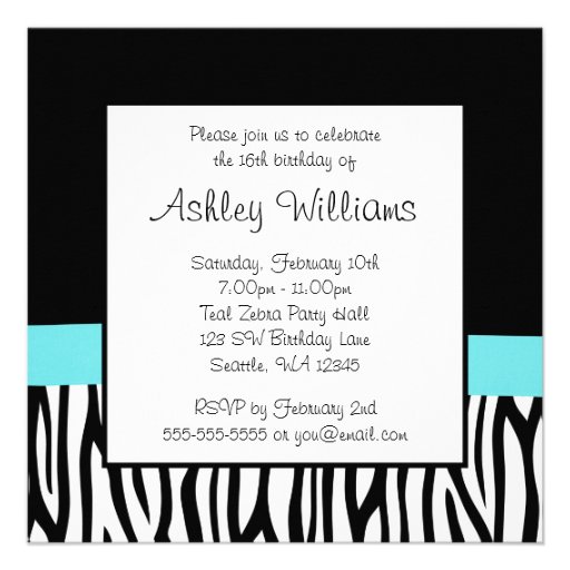 Zebra Teal Blue Bow Diamond Sweet 16 Invitations