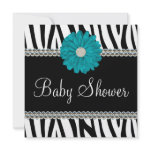Zebra Teal Blue Daisy Printed Gems Baby Shower Custom Invite