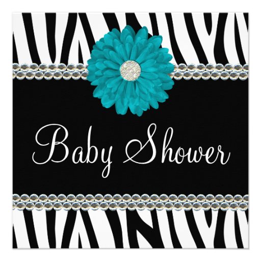 Zebra Teal Blue Daisy Printed Gems Baby Shower Custom Invite