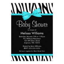 Zebra Teal Blue Printed Bow Baby Shower Invitations