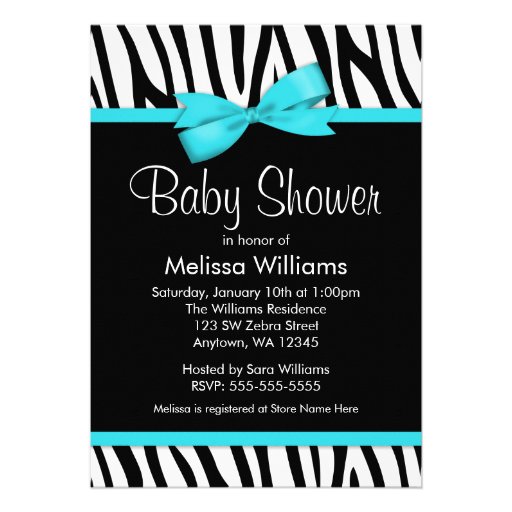 Zebra Teal Blue Printed Bow Baby Shower Invitations