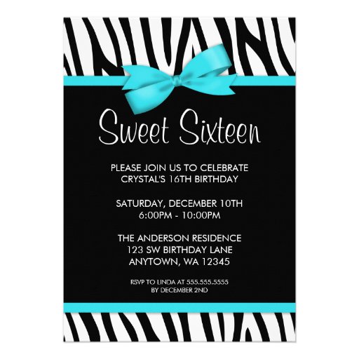 Zebra Teal Blue PrintedBow Sweet 16 Birthday Party Custom Announcements