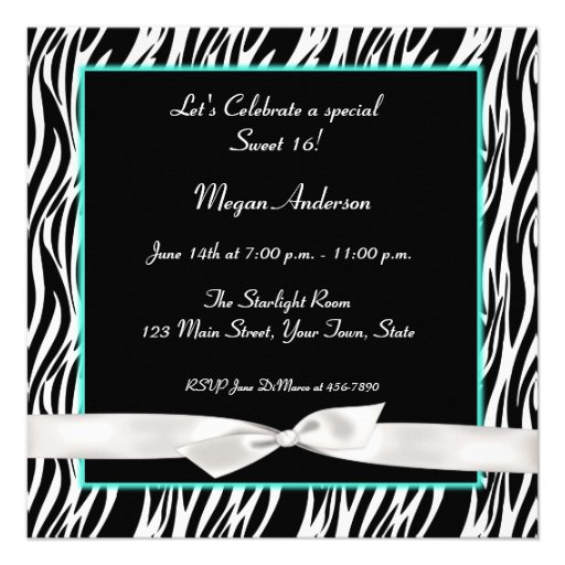 Zebra Teal Blue, White Bow Invitation