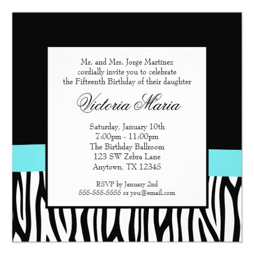 Zebra Teal Bow Diamond Quinceanera Invitations