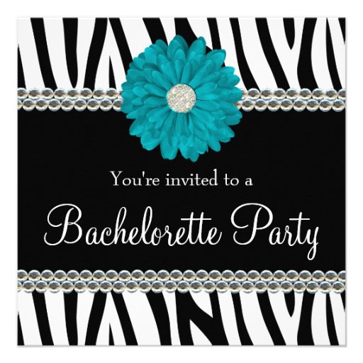 Zebra Teal Daisy Printed Gems Bachelorette Party Invites