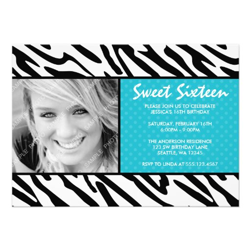 Zebra Teal Polka Dot Sweet 16 Photo Invitation