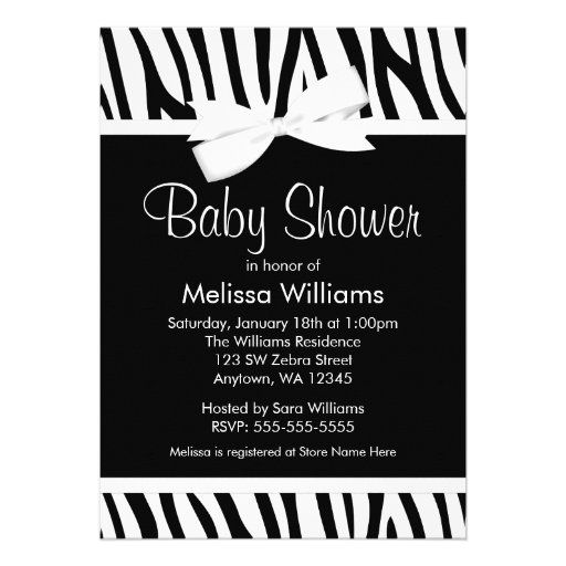 Zebra White Printed Bow Baby Shower Invitation